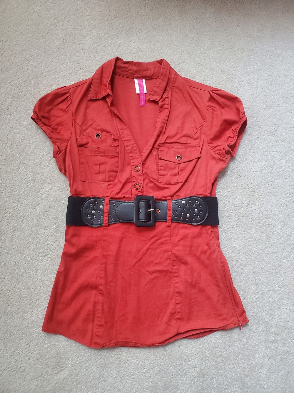 Burnt Orange Heart Soul Collared Shirt With Removable Belt Accent